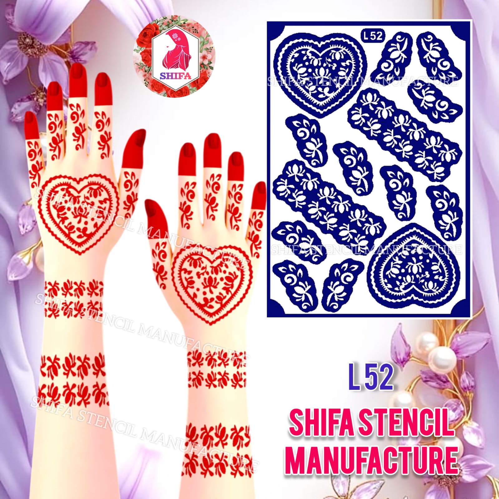 L52 Heart Blossom Charm Sticker Overview Henna Stencil - Shifa Stencil